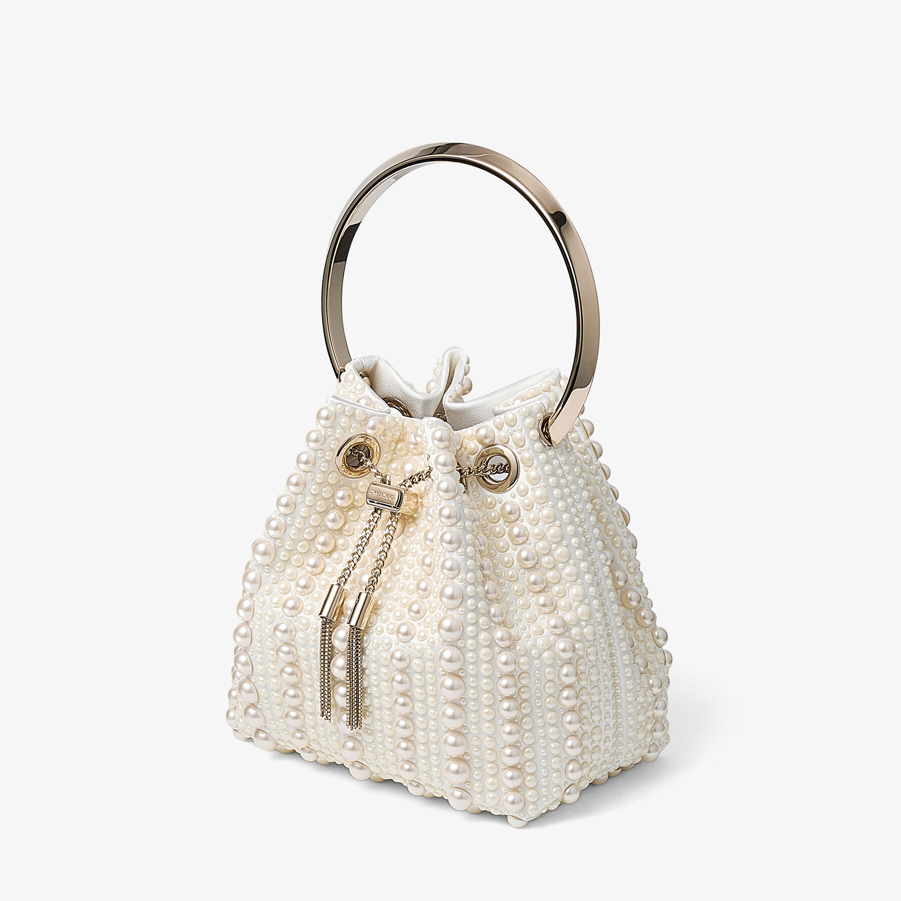 Bon Bon | Ivory Satin Bag with All-Over Pearls | JIMMY CHOO