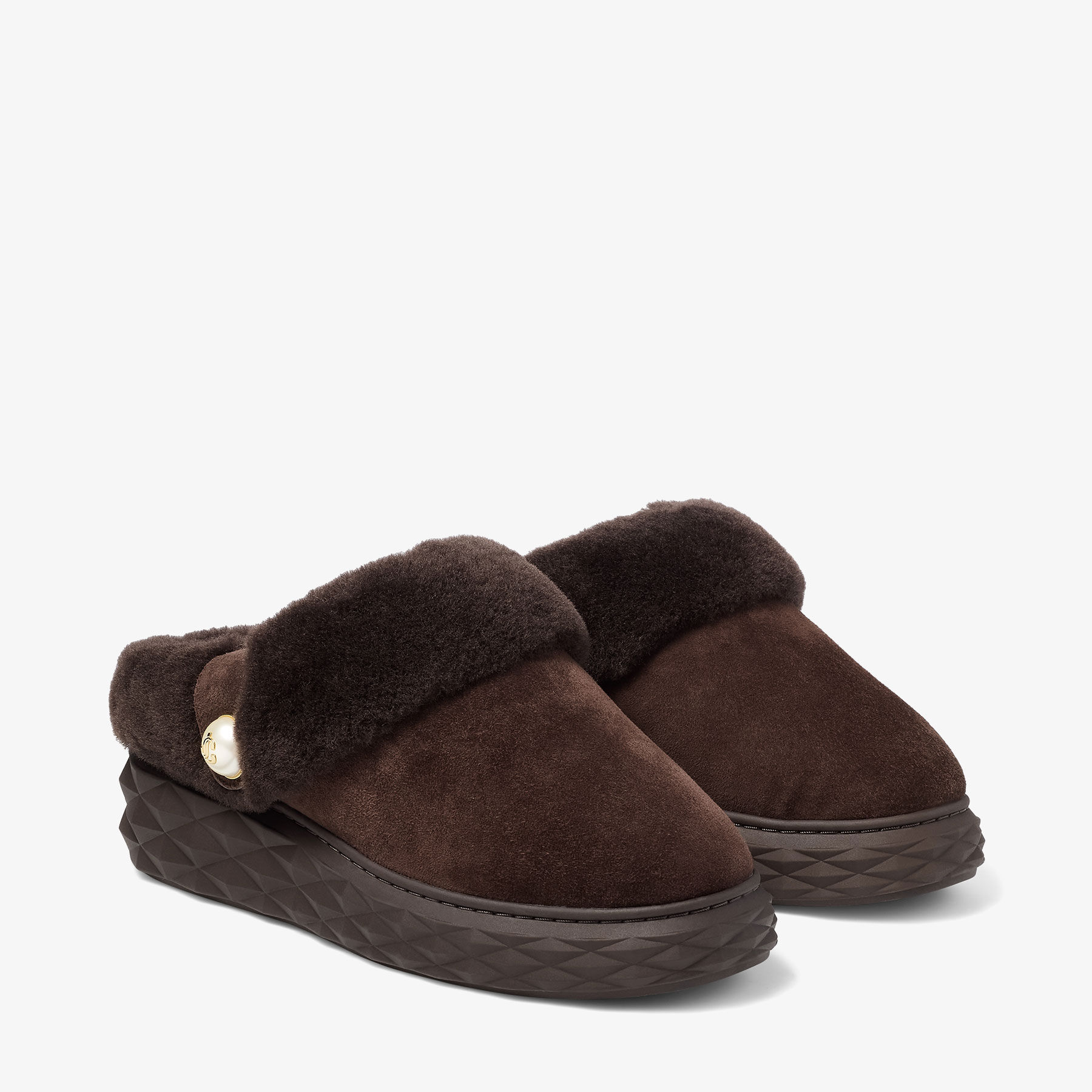 Diamond Maxi Mule F | Chocolate Suede Mules with Shearling | JIMMY