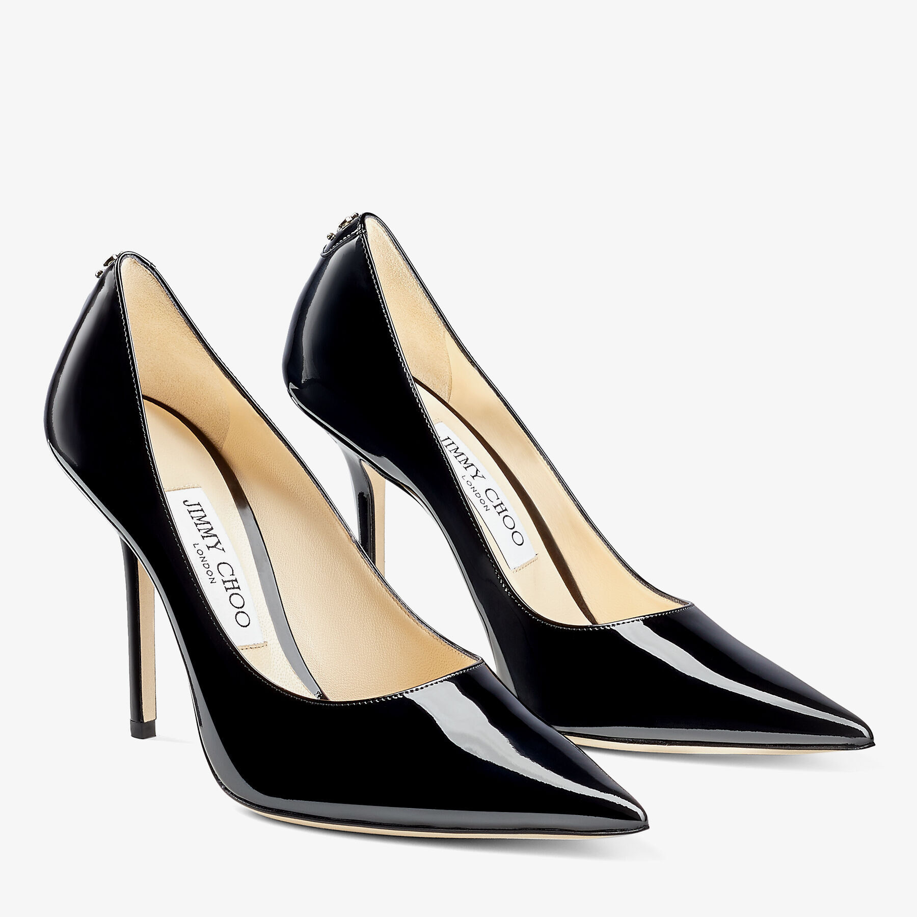 Black Patent Leather Pointed-Toe Pumps with JC Emblem | LOVE 100