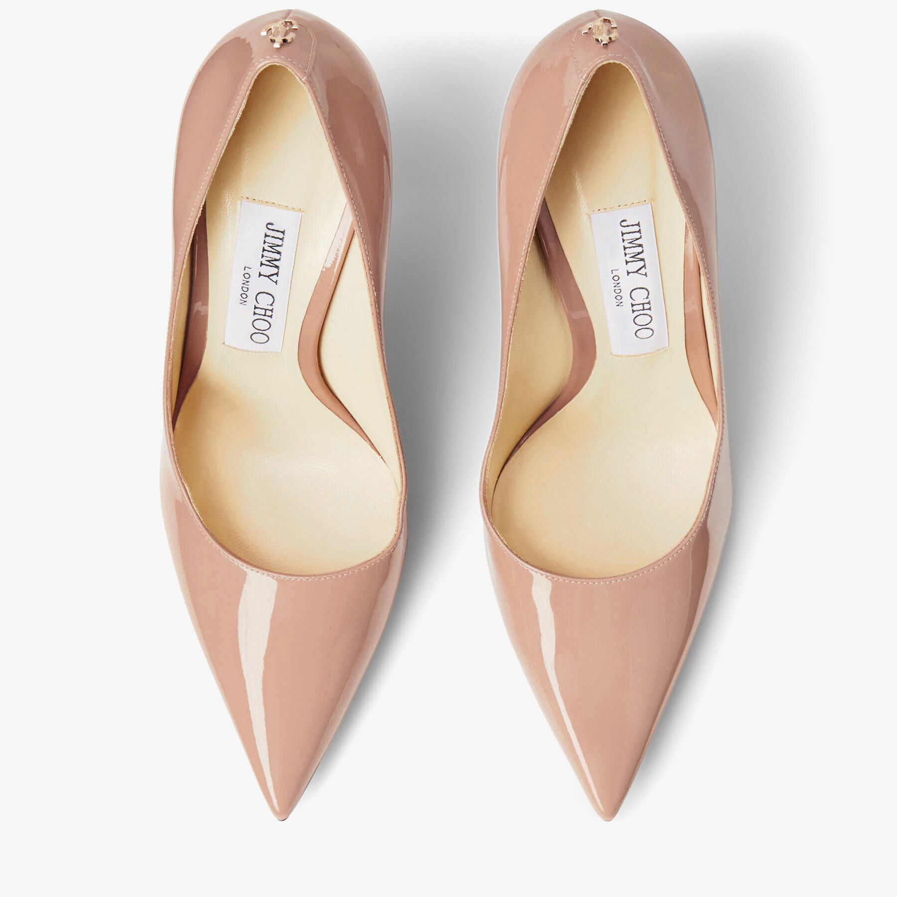 Ballet Pink Patent Leather Point-Toe Pumps with JC Emblem | LOVE