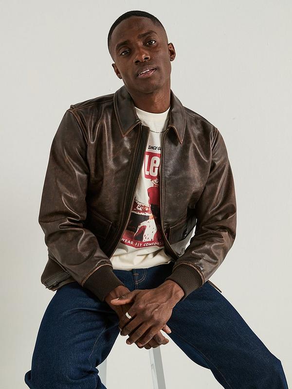 Levi's Clayton Cuffed Leather Aviator Jacket - Brown | Littlewoods