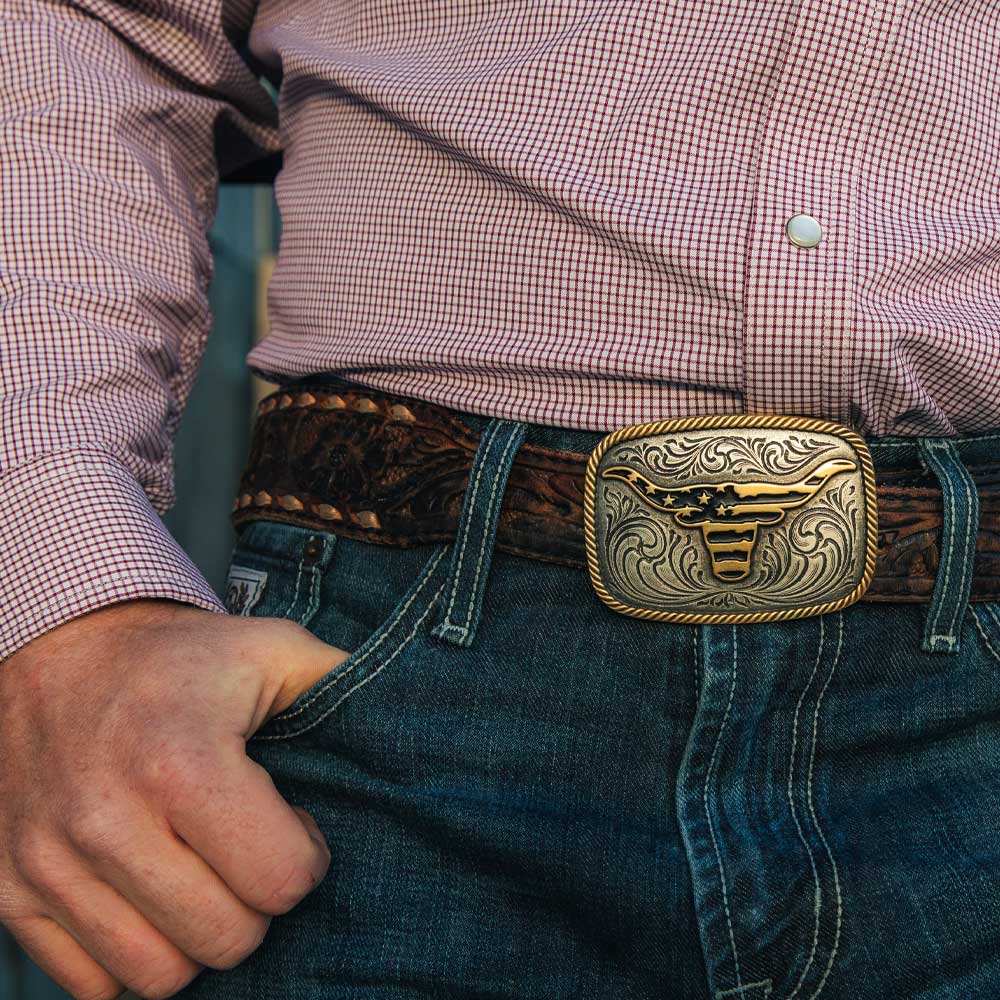 Western Patriotic Longhorn Buckle | Montana Silversmiths