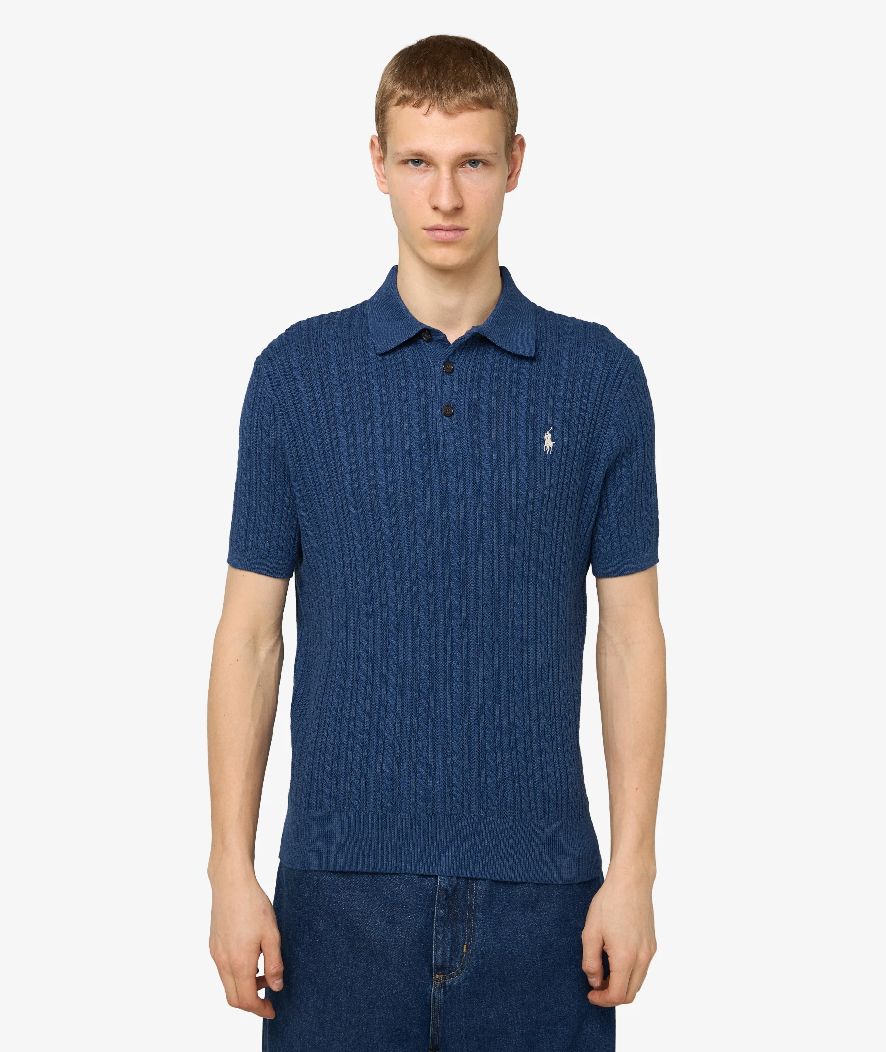 Polo Ralph Lauren Cable-Knit Cotton Polo Jumper | Navy Blue | SVD USA