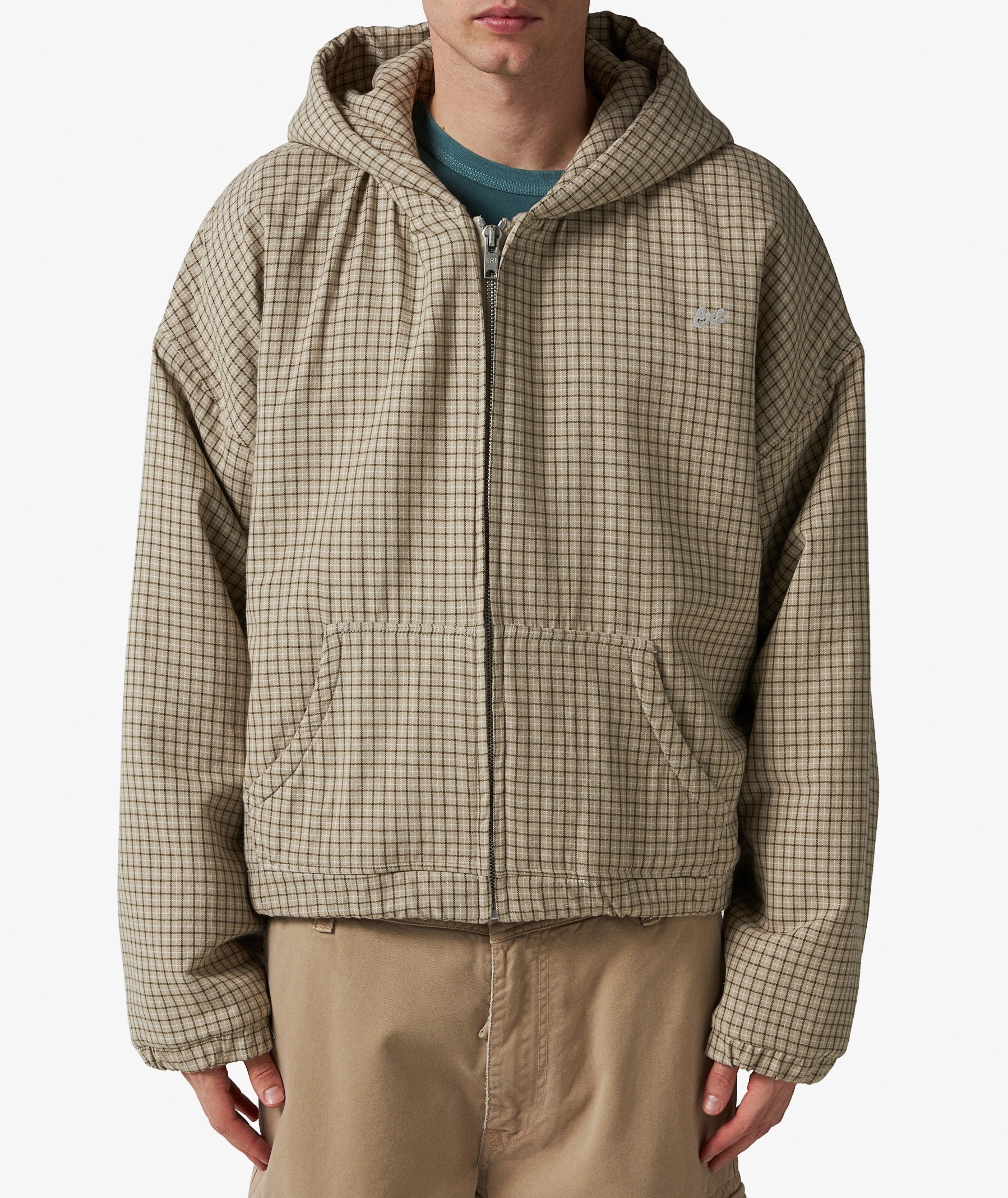 ERL Padded Check Zip Hooded Jacket in Light Brown | SVD USA