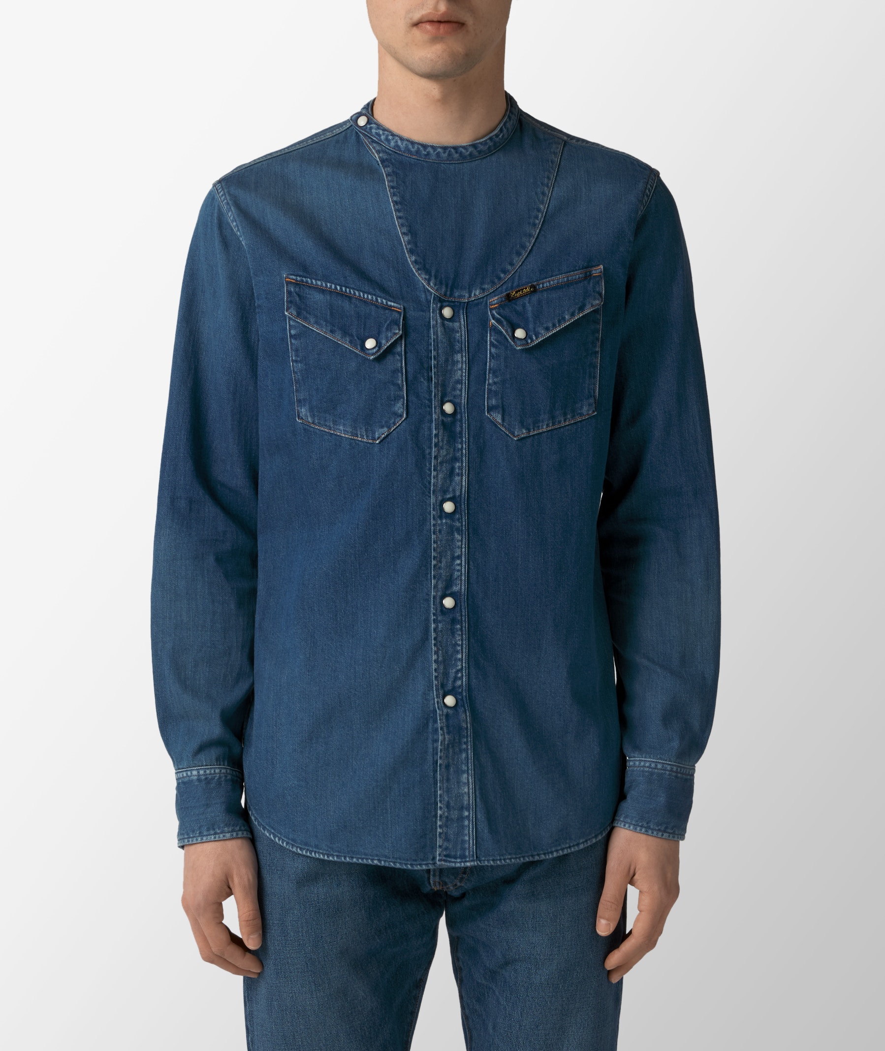 KAPITAL 8oz Denim Roller Collar Baseball Western Shirt in Blue