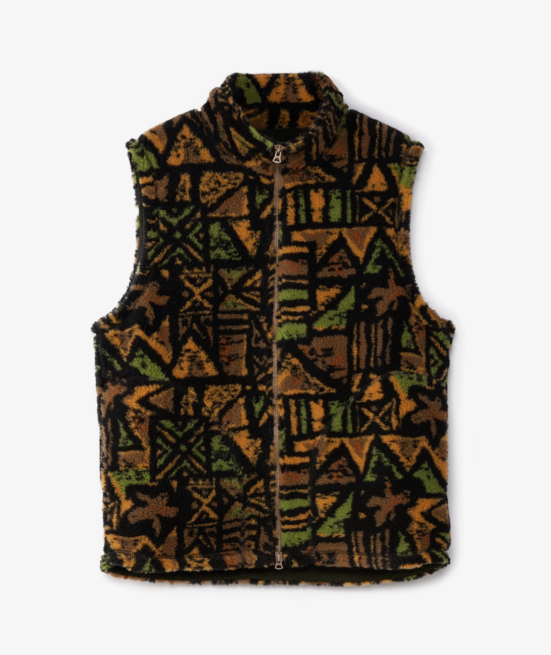 Beams Plus Stand Collar Jacquard Boa Zip Vest | Khaki | SVD USA