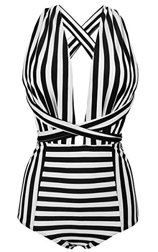 COCOSHIP Black & White Striped Fashion One Piece V-Neck Swimsuit