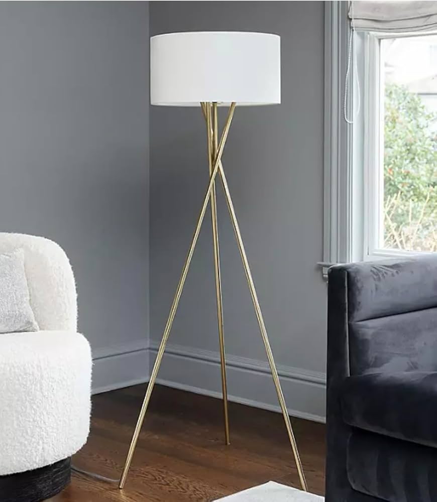LAMPz 58in Tripod Floor Lamp with White Linen Shade-Metal Tripod
