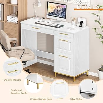 Amazon.co.jp: ホワイトデスク 引き出し4個付き ホワイトとゴールドの