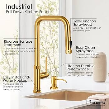 Brushed Gold Kitchen Faucets with Soap Dispenser - Modern Single