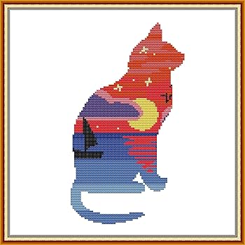 Amazon | OWN4B クロスステッチ刺繍キット図案印刷、11ct 猫の夕日の