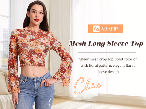 ABAFIP Women's Floral Bell Sleeve Crop Top Ruffle Mock Neck Flowy