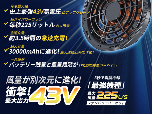43V超高出力 ファンバッテリーセット 空調作業服用 搭載EVEエナジー