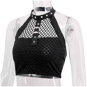 jascaela Women's Sexy Fishnet Choker Buckle Halter Crop Tank Top