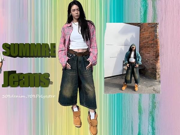 Crancious Baggy Unisex Y2k Style Denim Shorts Wide Leg Short Pants