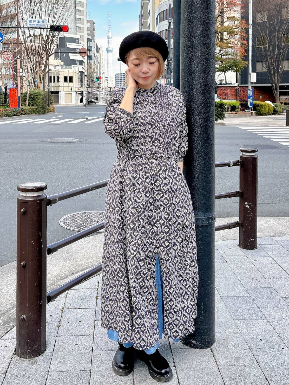 ツタ柄細ピンタックウエストドロストワンピース sosotto ソソット