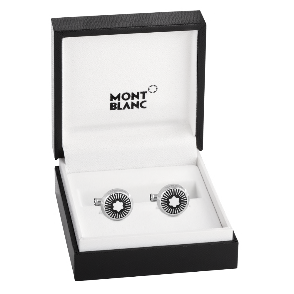 Cufflinks, round in stainless steel with ray pattern and mother-of-pea