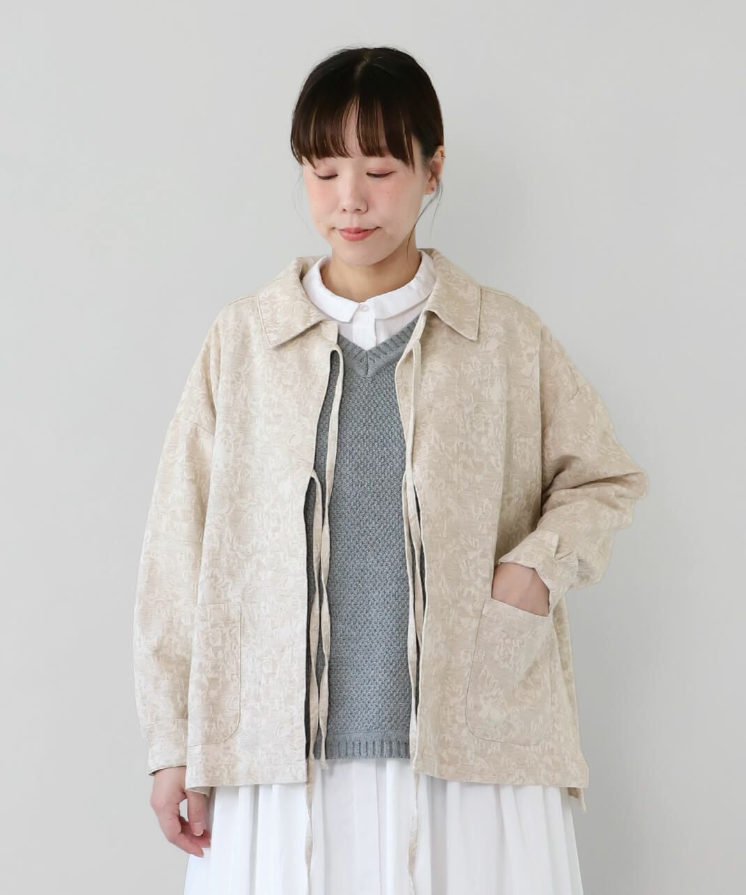 20%off】ista-ireコットンリネンの花柄ジャガードリボンジャケット