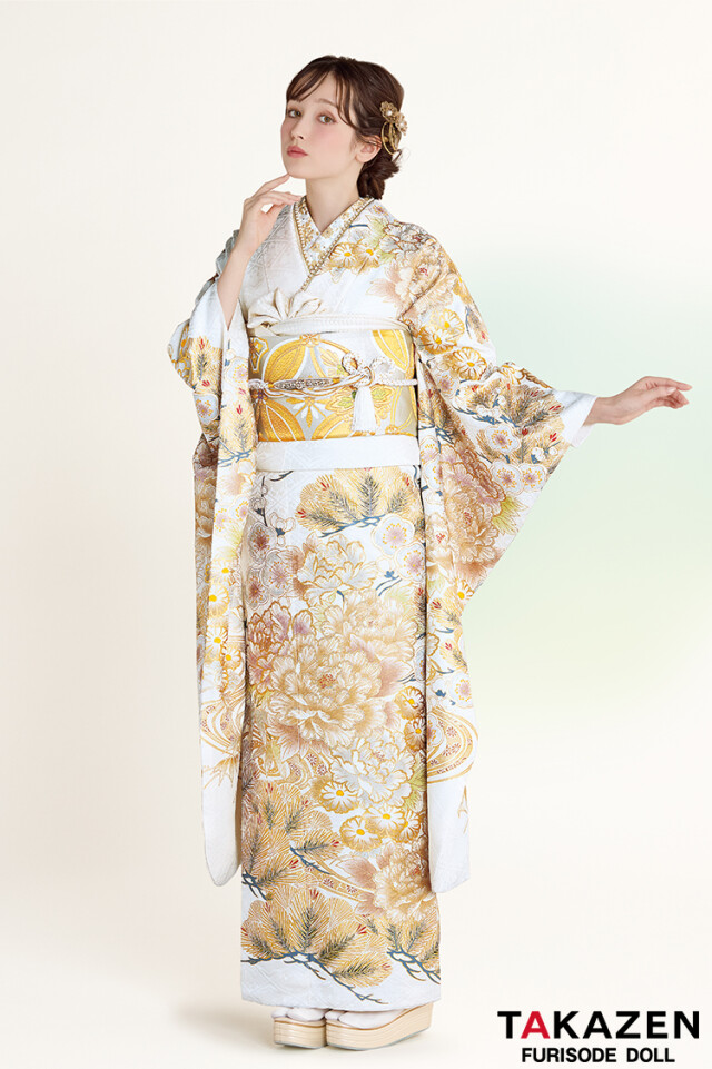 TAKAZENの振袖 /白色/ゴールド色/古典/牡丹柄/ 正統派古典 白金