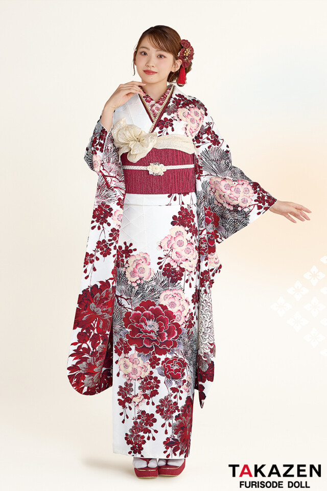 TAKAZENの振袖 /白色/赤色/古典/牡丹柄/ 正統派古典 華徒然×吉木千沙都