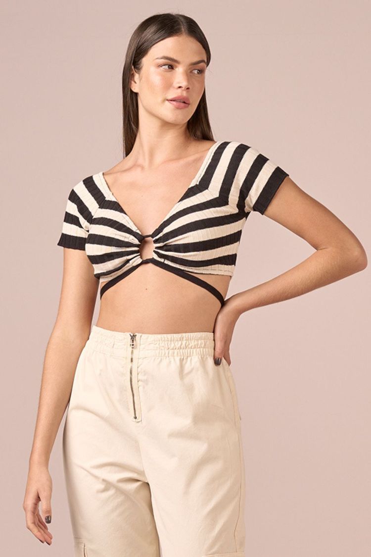 Cropped Amarração Tricot Listras Preto | Compre na My Place