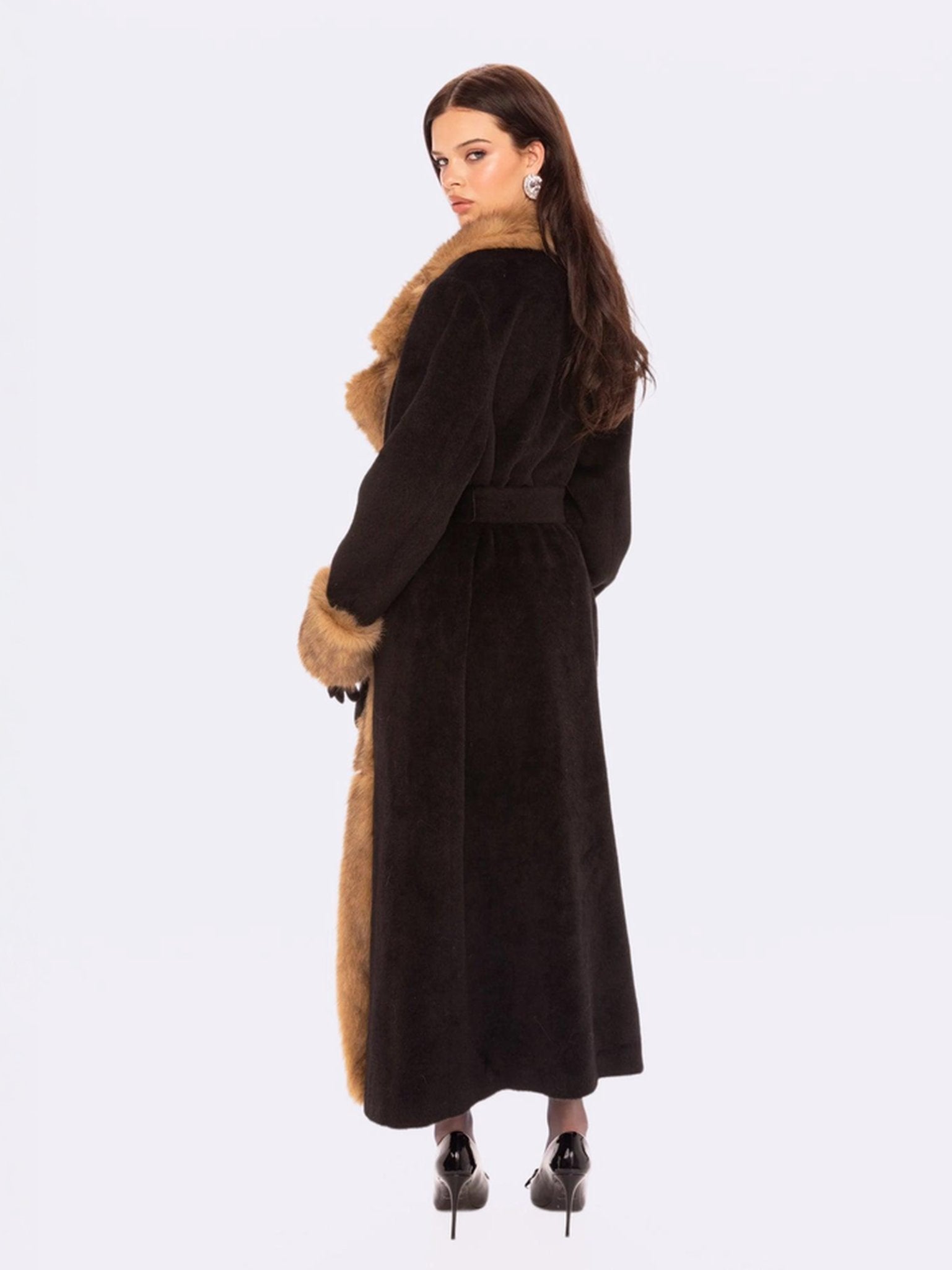 Adriana Faux Fur Coat (Black & Brown) | Long Winter Coat for Women