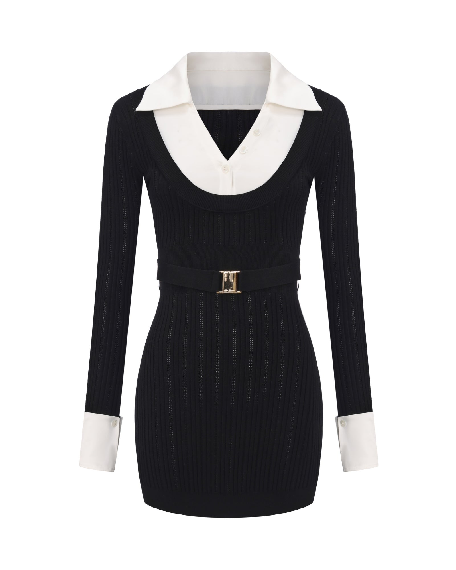 Noemie Knit Mini Dress | Black & White Mini Dress with Satin Belt