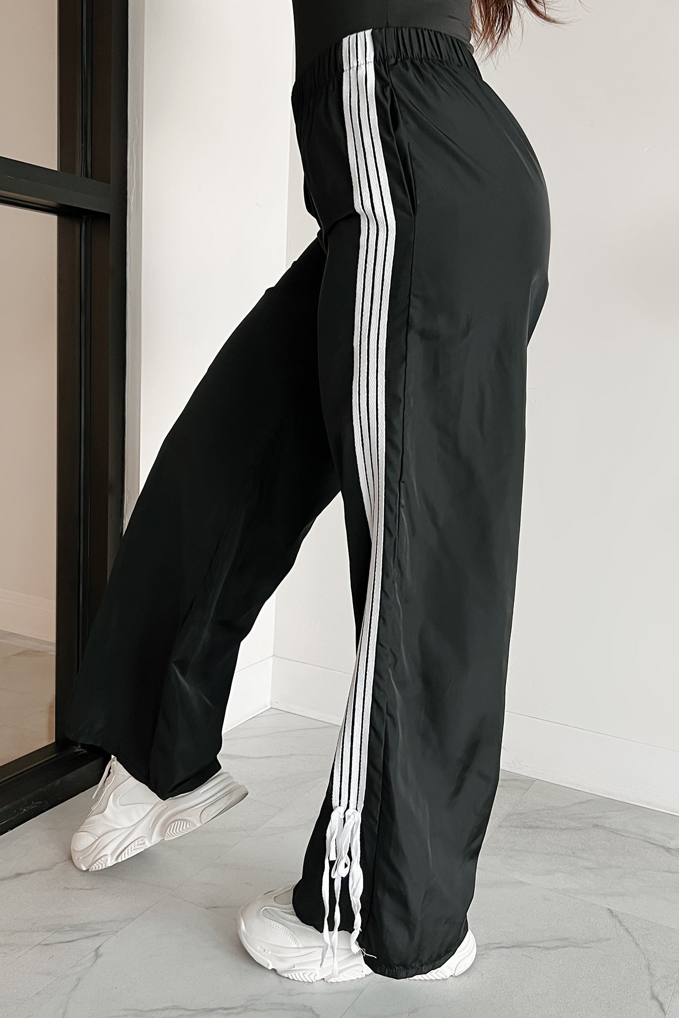Colby Side Stripe Ribbon Tie Track Pants (Black) · NanaMacs