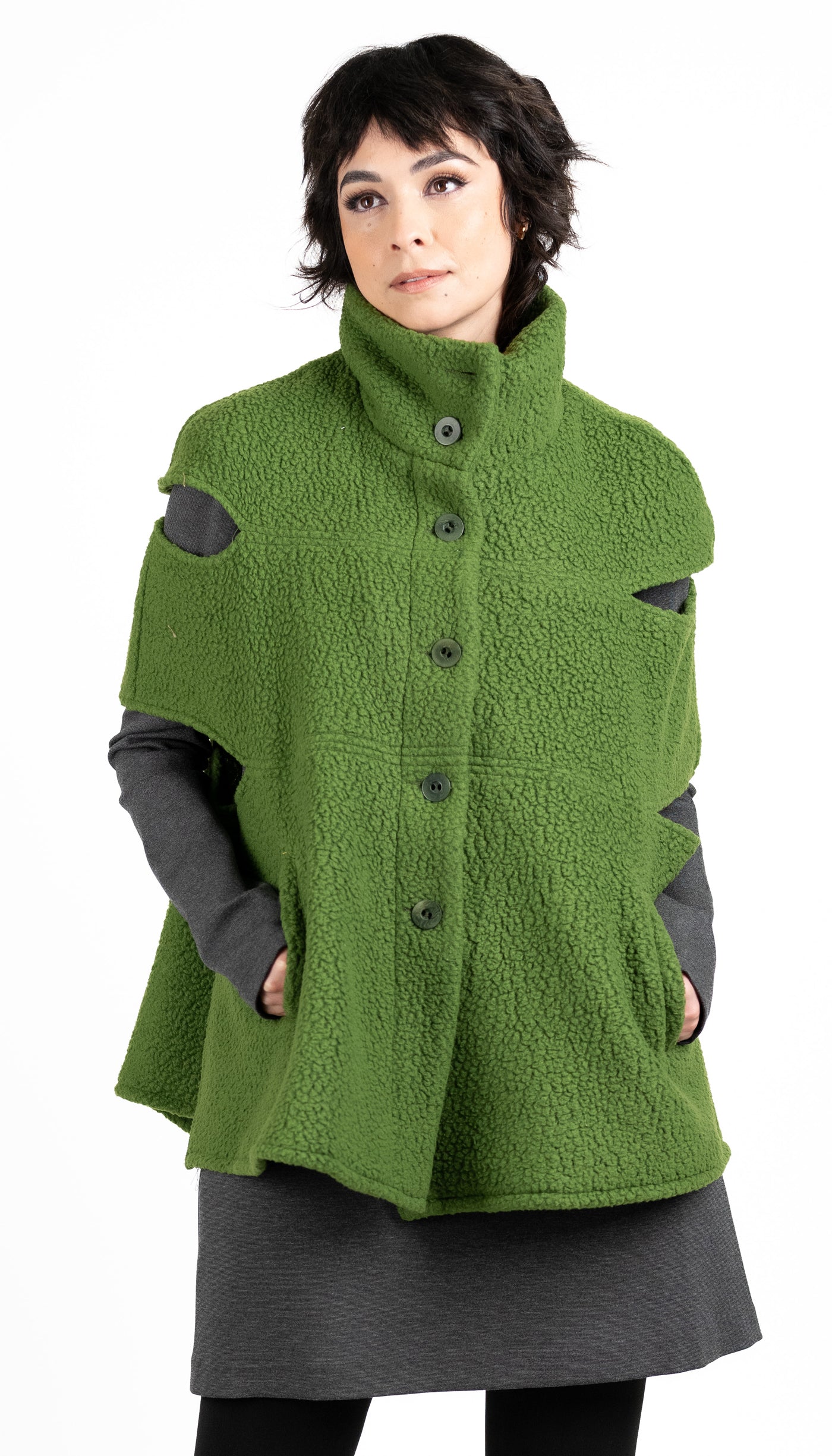 Convertible Cape/ Vest Shearling Fleece/ Avocado Green