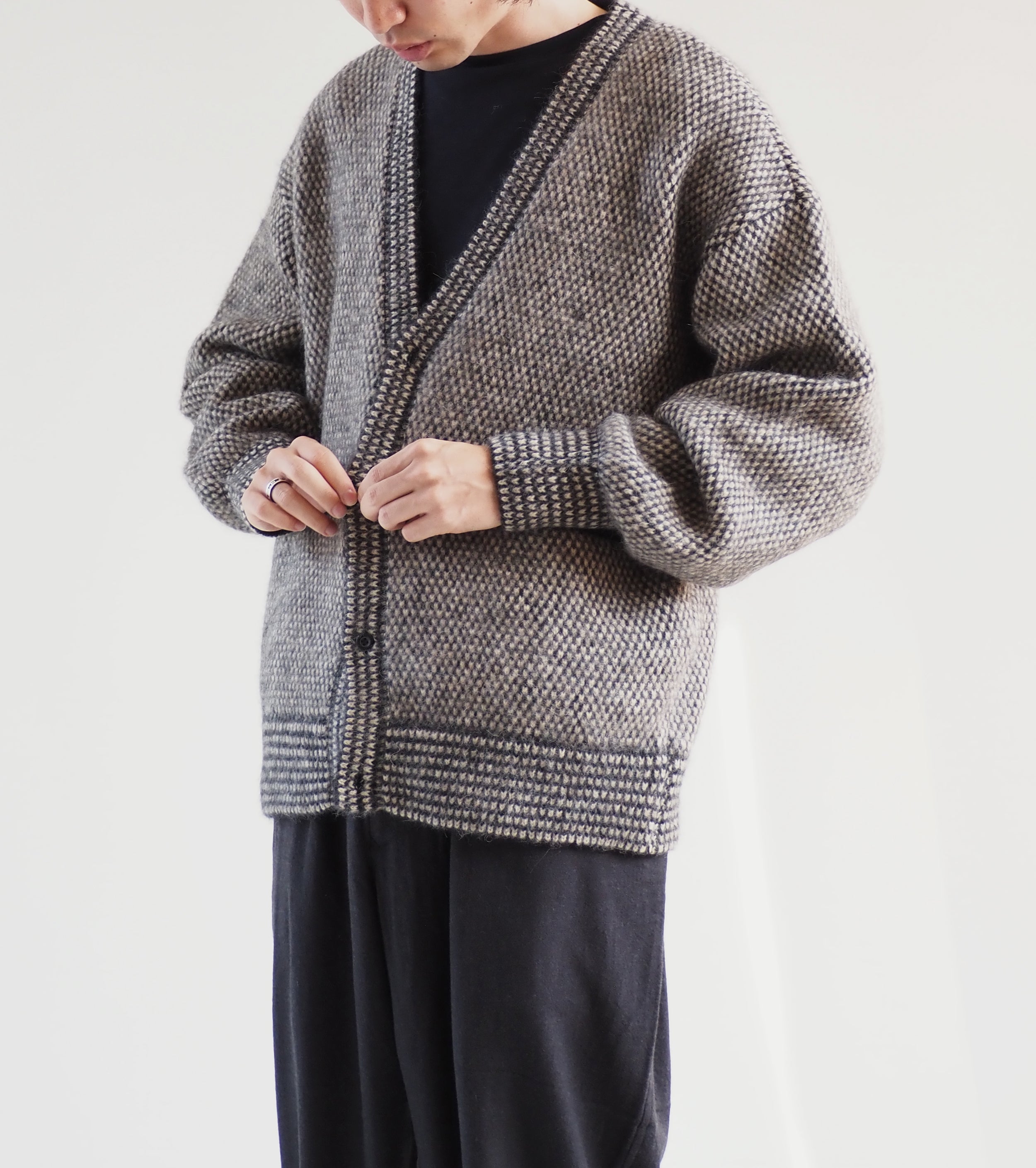 blurhms Alpaca Bird's-eye Knit Cardigan,Black Ecru – Navyblue