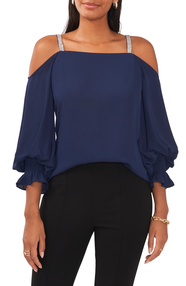Chaus Rhinestone Trim Cold Shoulder Top | Nordstrom