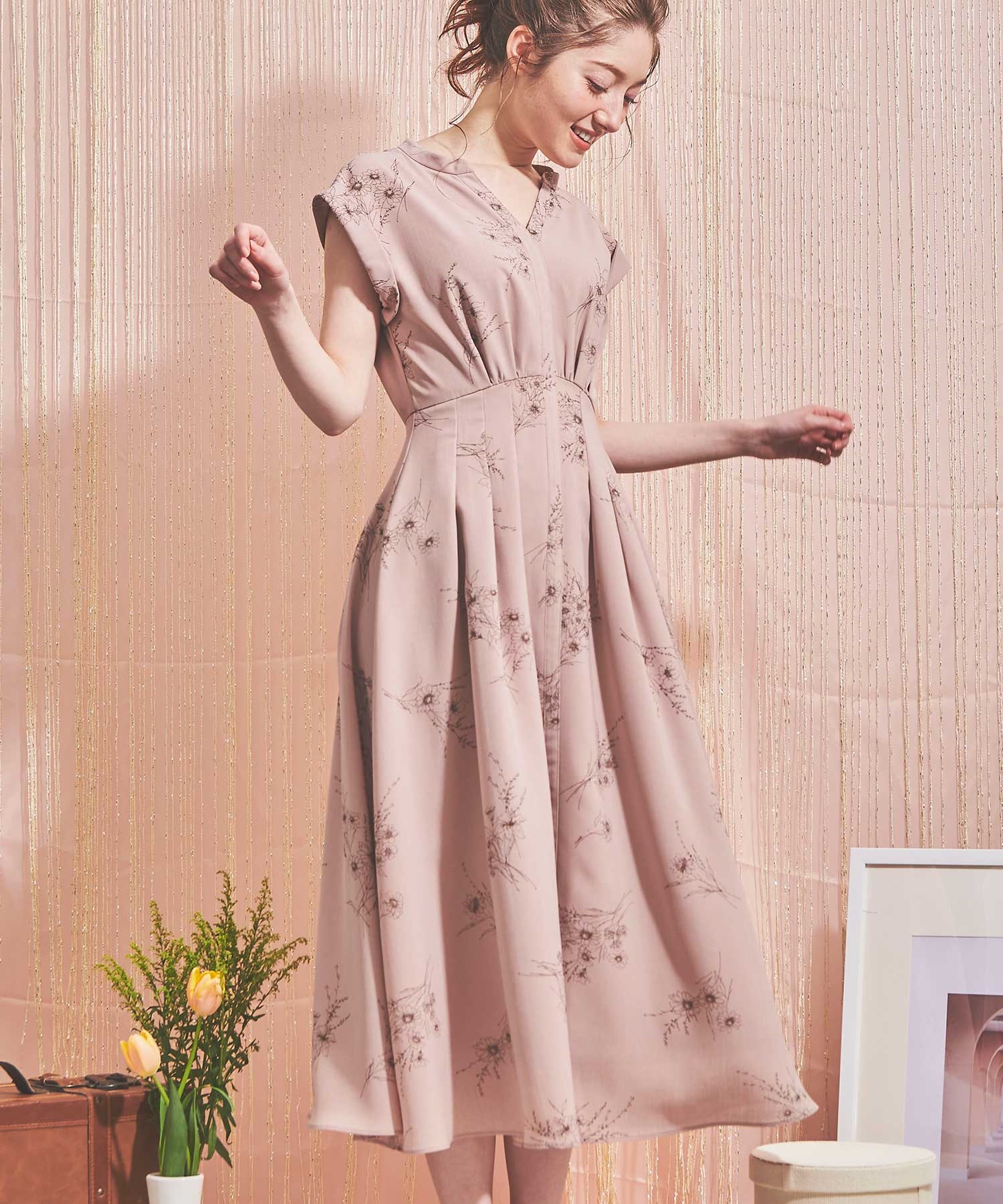 WEB限定カラーあり】スケッチフラワー柄シャツワンピース | ロング