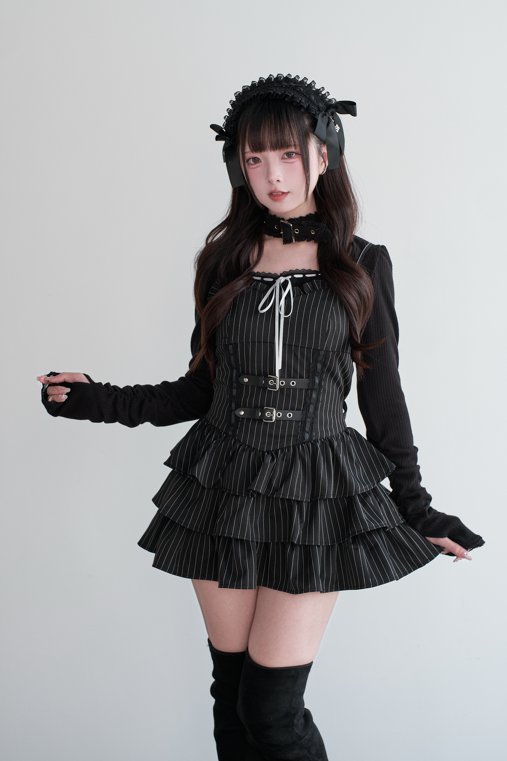 BunnyLis ふわもこボレロ×ストライプミニワンピセット ブラック S