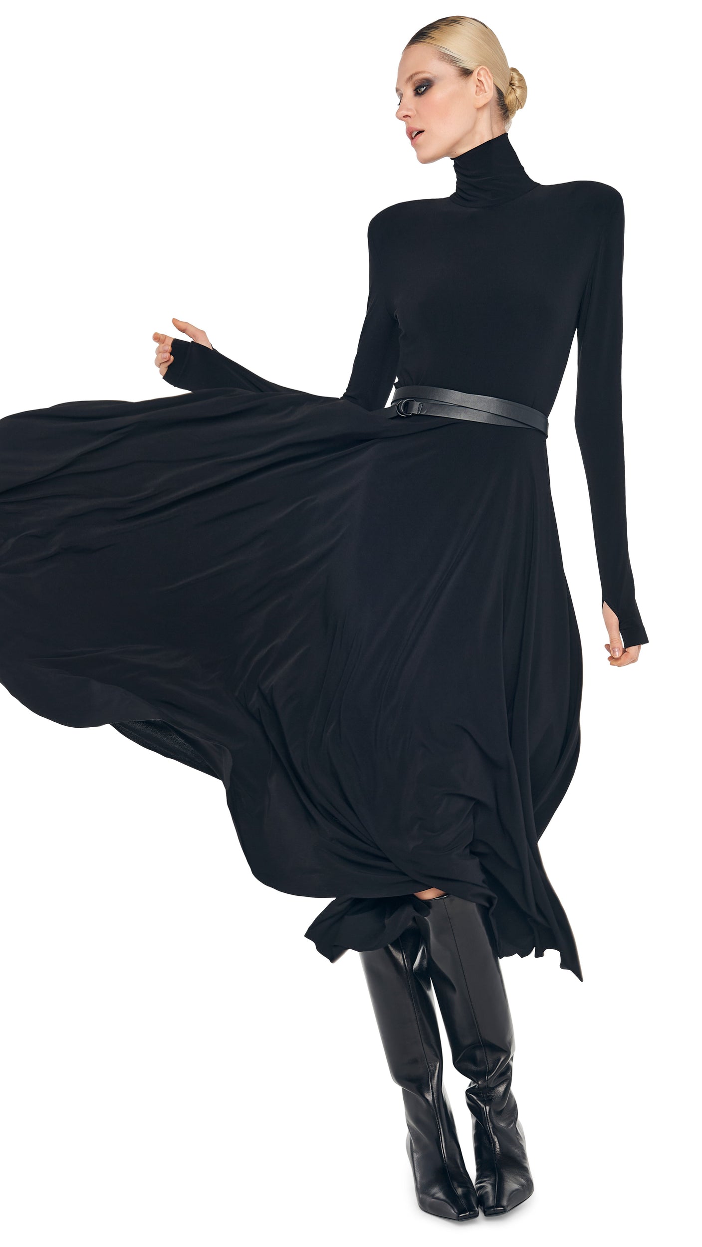 LS SHOULDER PAD TURTLE FLARED DRESS – Black – Norma Kamali