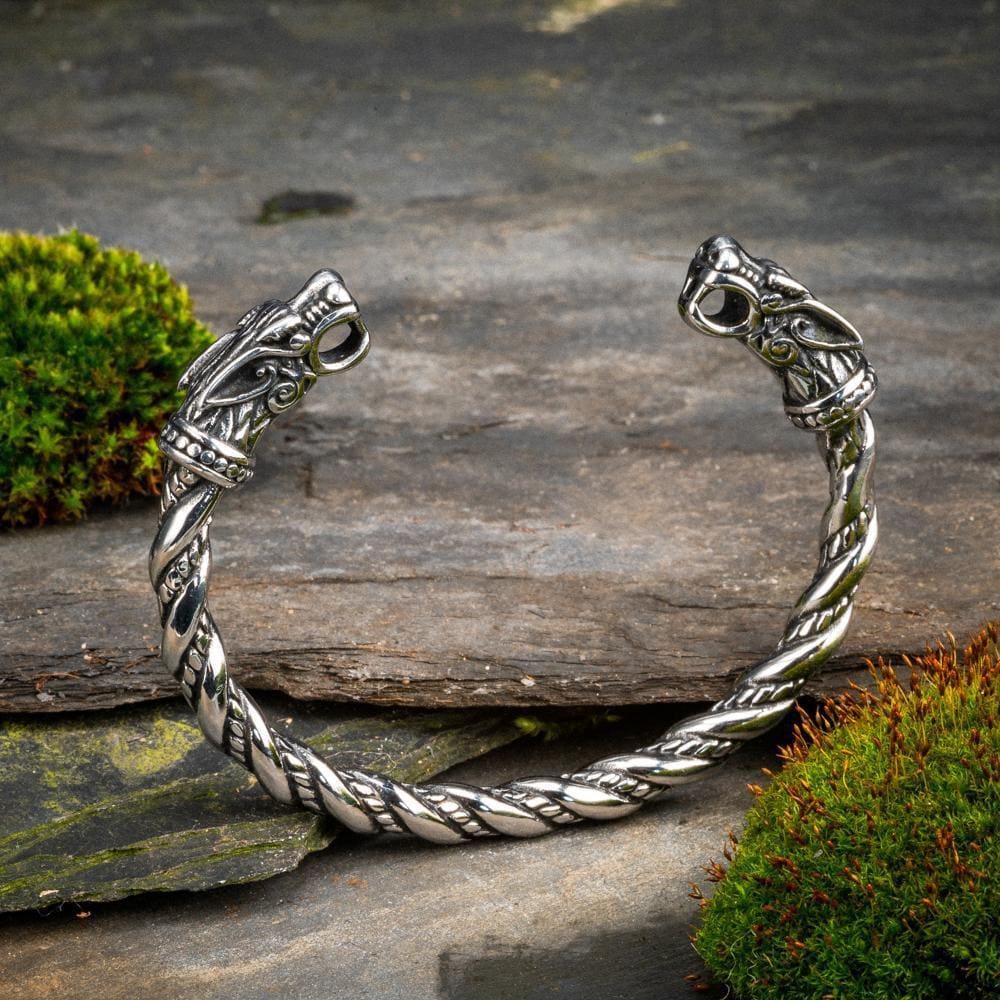 Stainless Steel Beaded Spiral Wolf Head Torc Bracelet - Norse Spirit