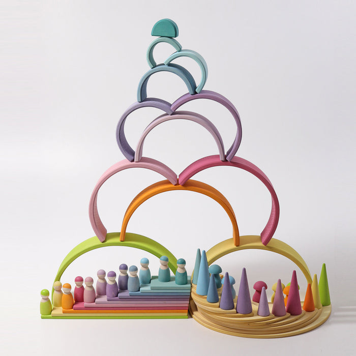 12-Piece Wooden Pastel Rainbow Stacking Tunnel - Grimm's Large