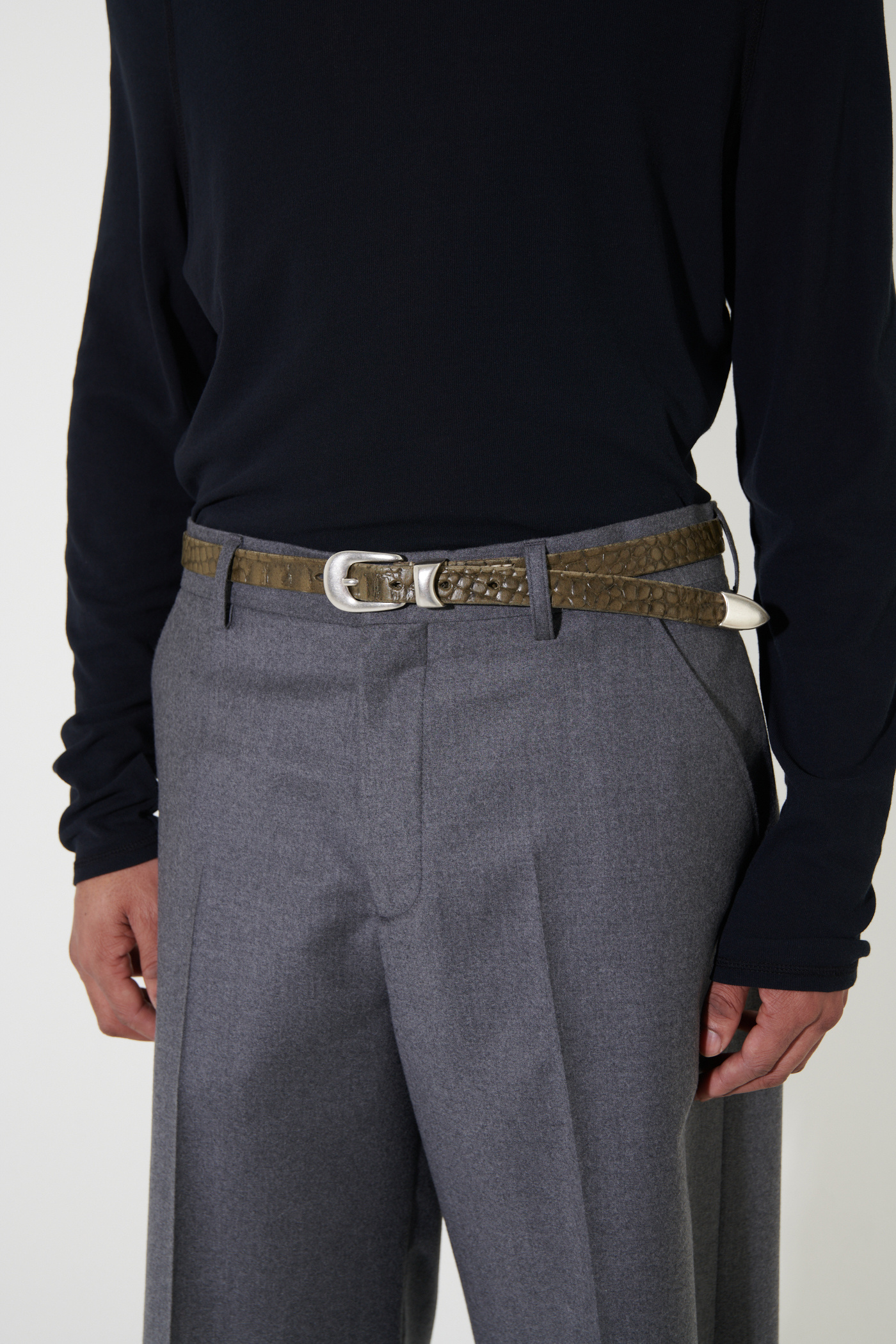 Our Legacy - 2 CM Belt Olive Croco Debossed Leather