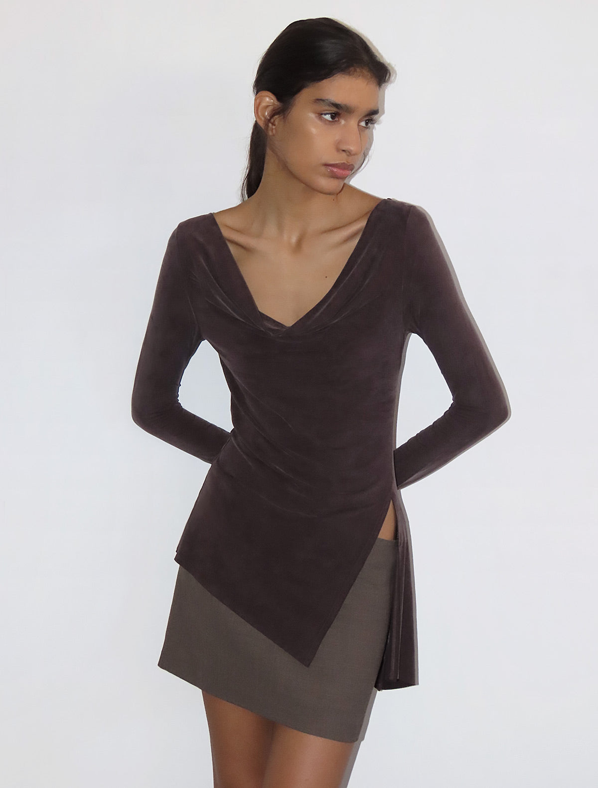 LOTTO-Mahogany asymmetric long-sleeved cupro top with cuffs and