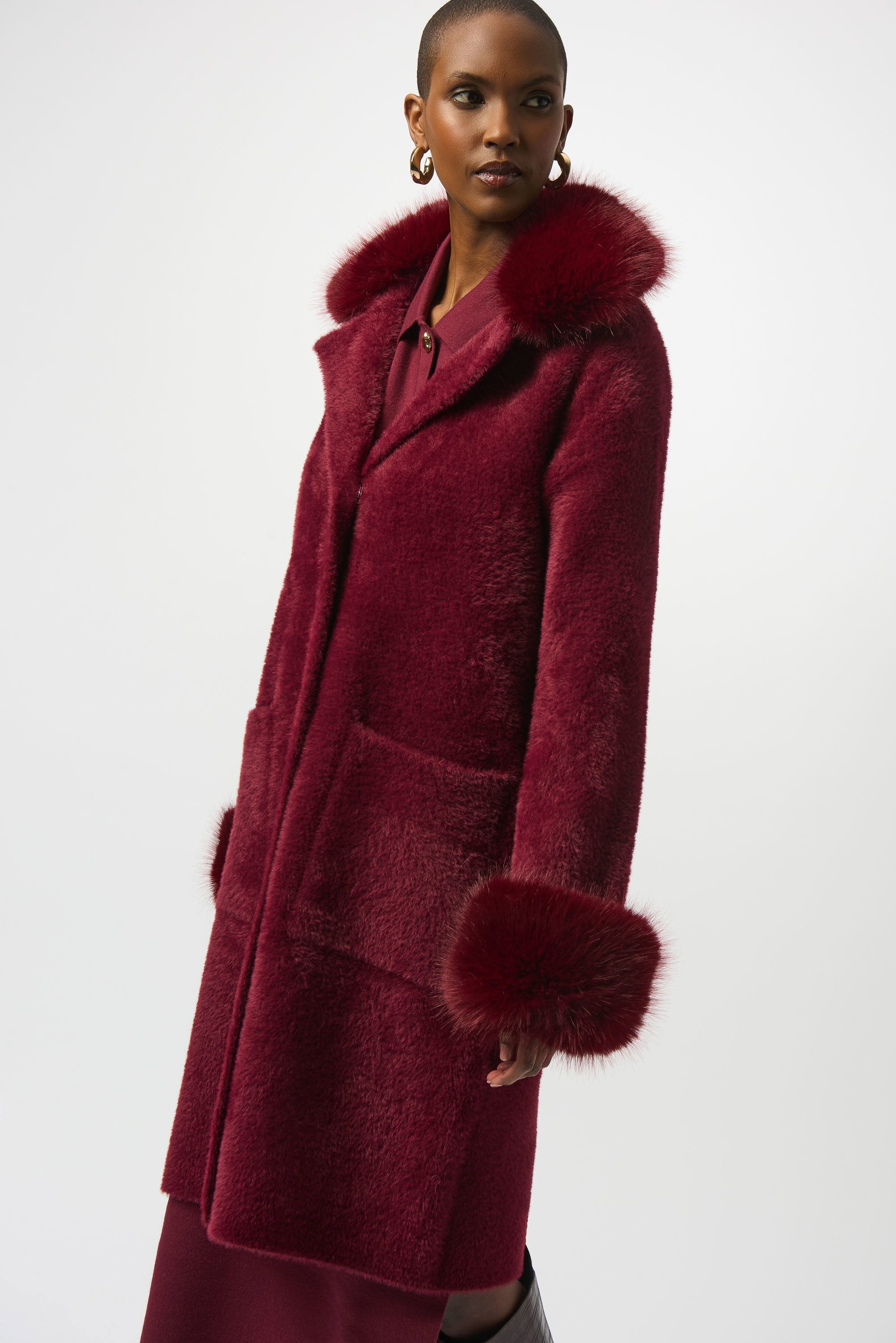 Joseph Ribkoff Feather Yarn and Faux Fur Sweater Coat - PapillonStyles