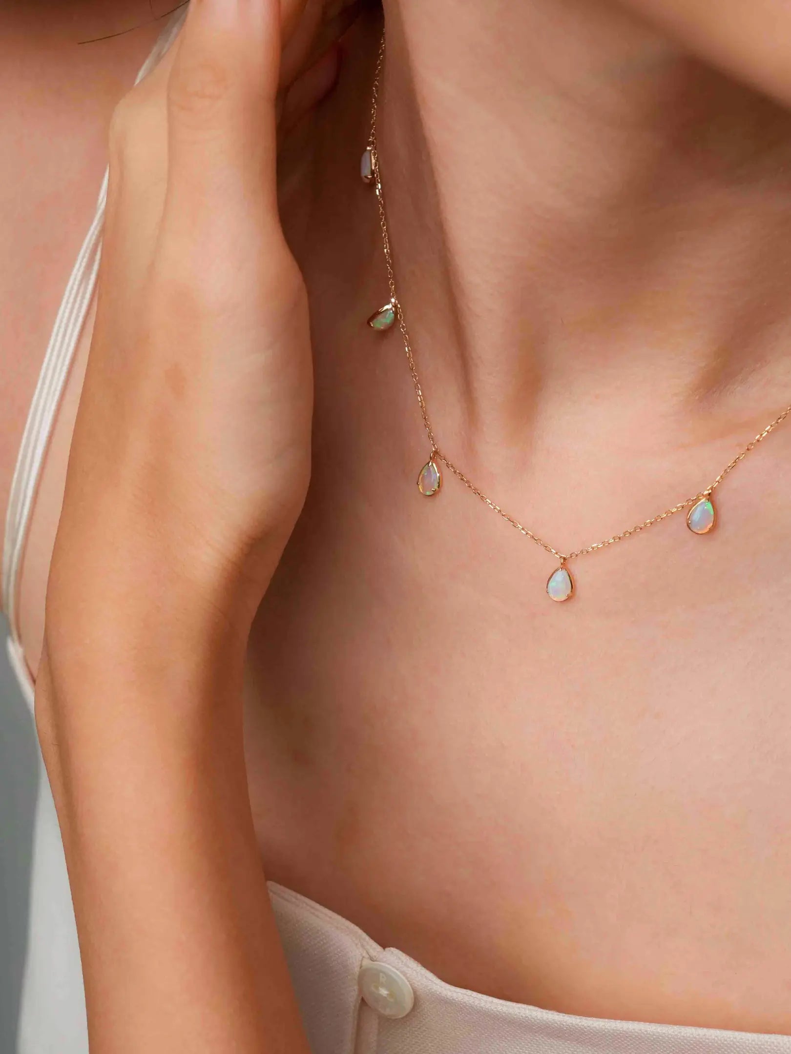 Drop Opal Station Necklace | 14k/18k Solid Gold