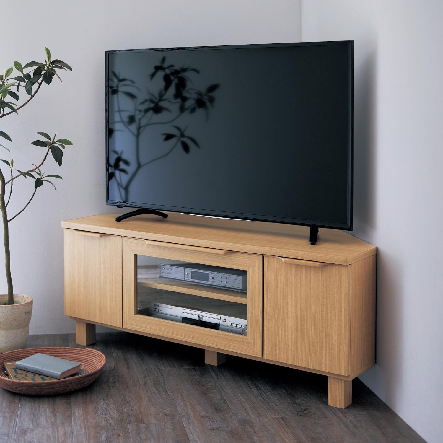 やさしい天然木取っ手のコーナーテレビ台（テレビ台/テレビボード