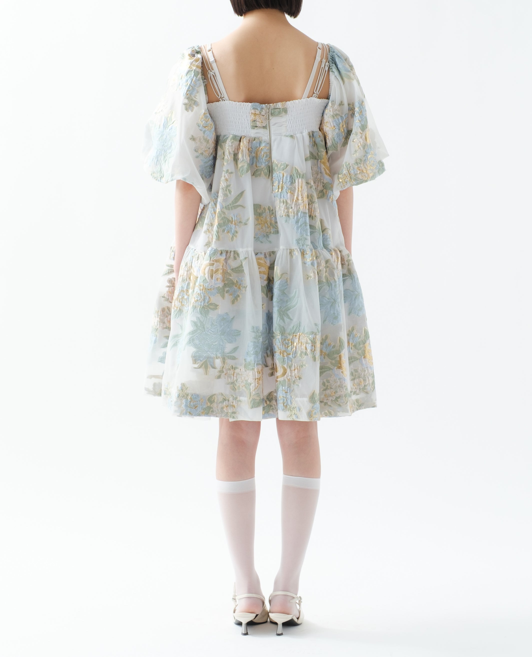 Gold jacquard puff mini dress