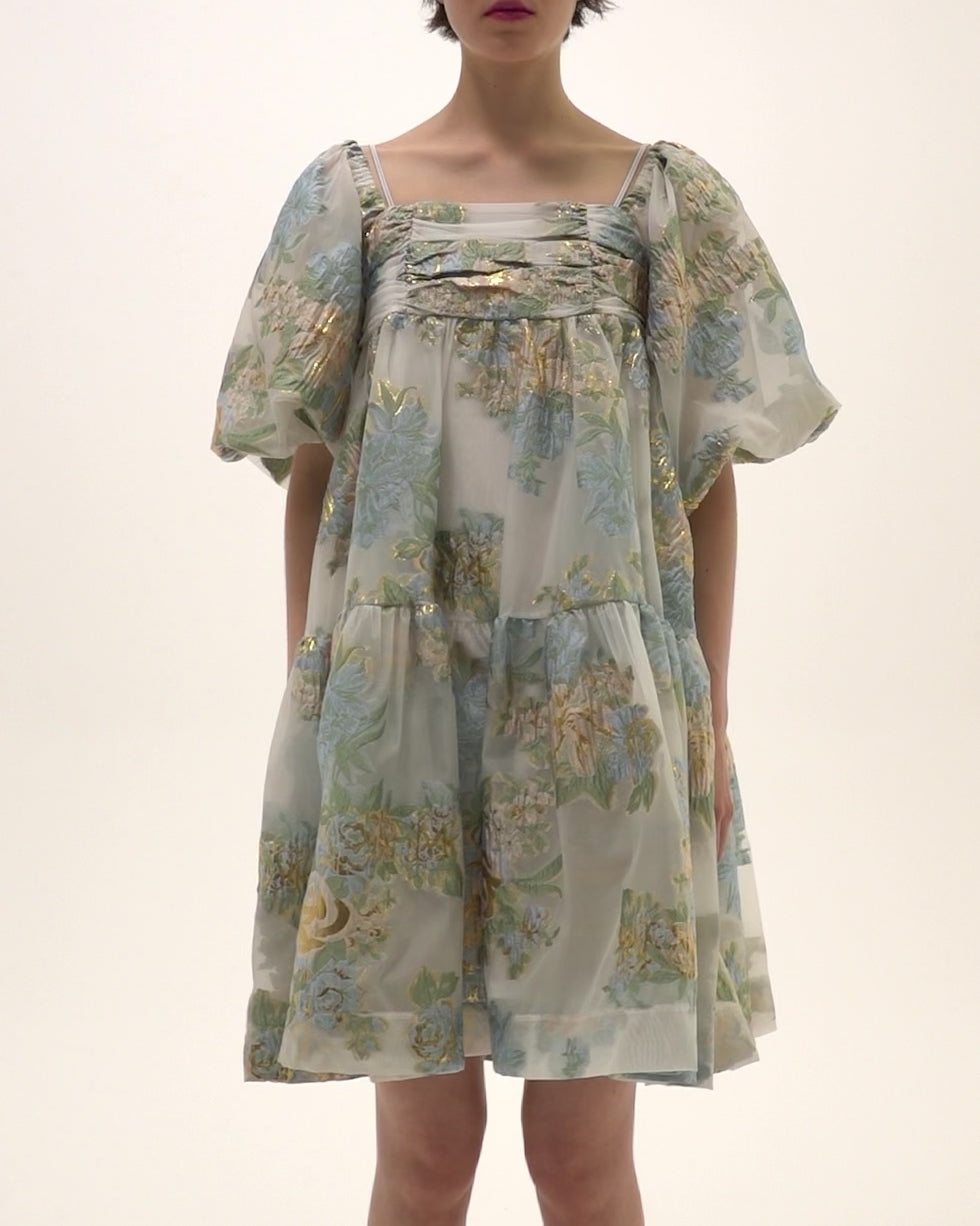 Gold jacquard puff mini dress