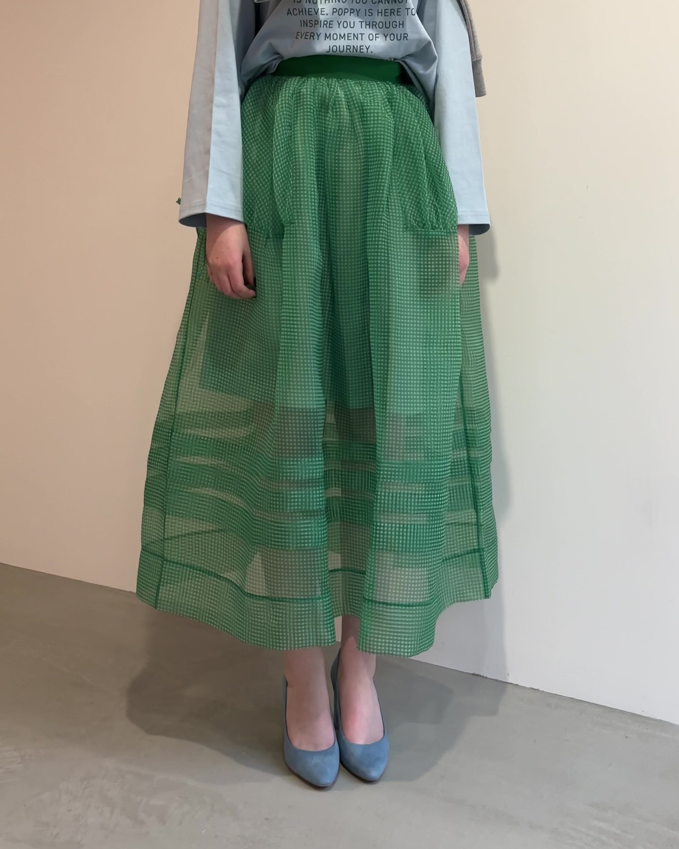 Gingham organza tuck skirt (green)