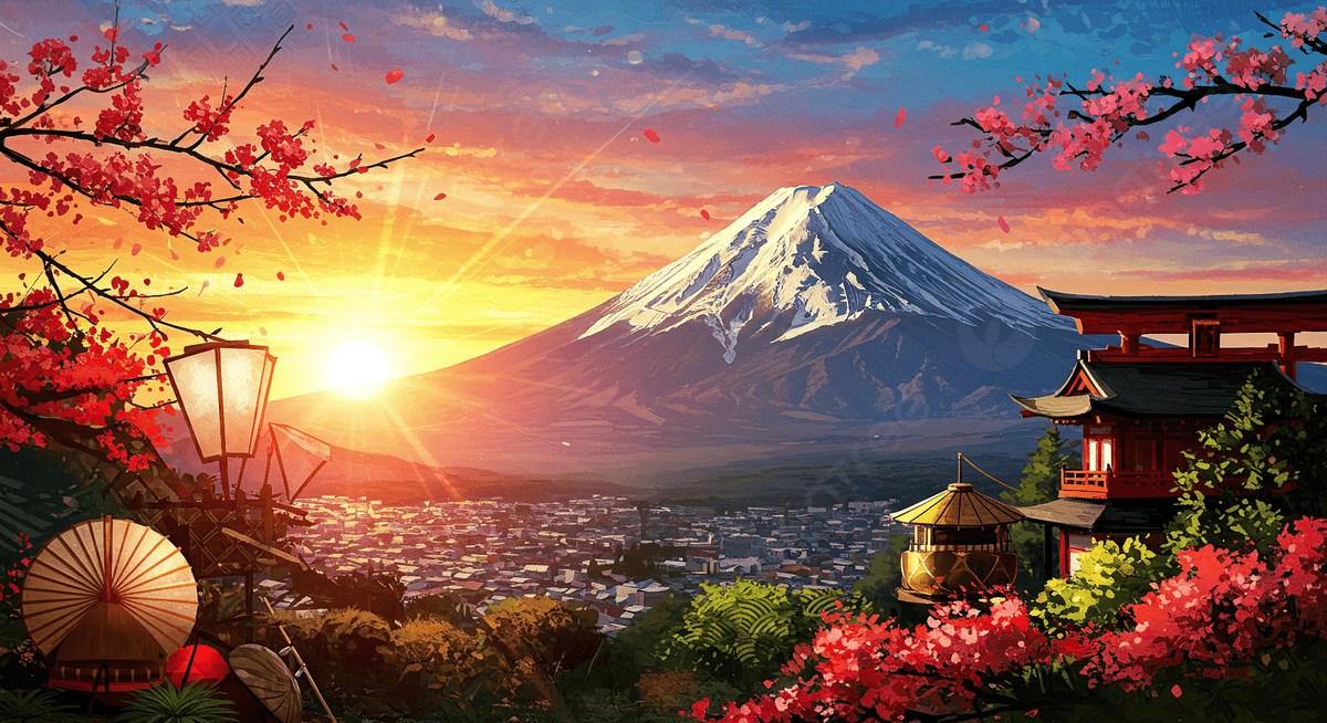 日の出の桜と富士山の美しい景色, 富士山, 桜, 日の出背景壁紙画像素材