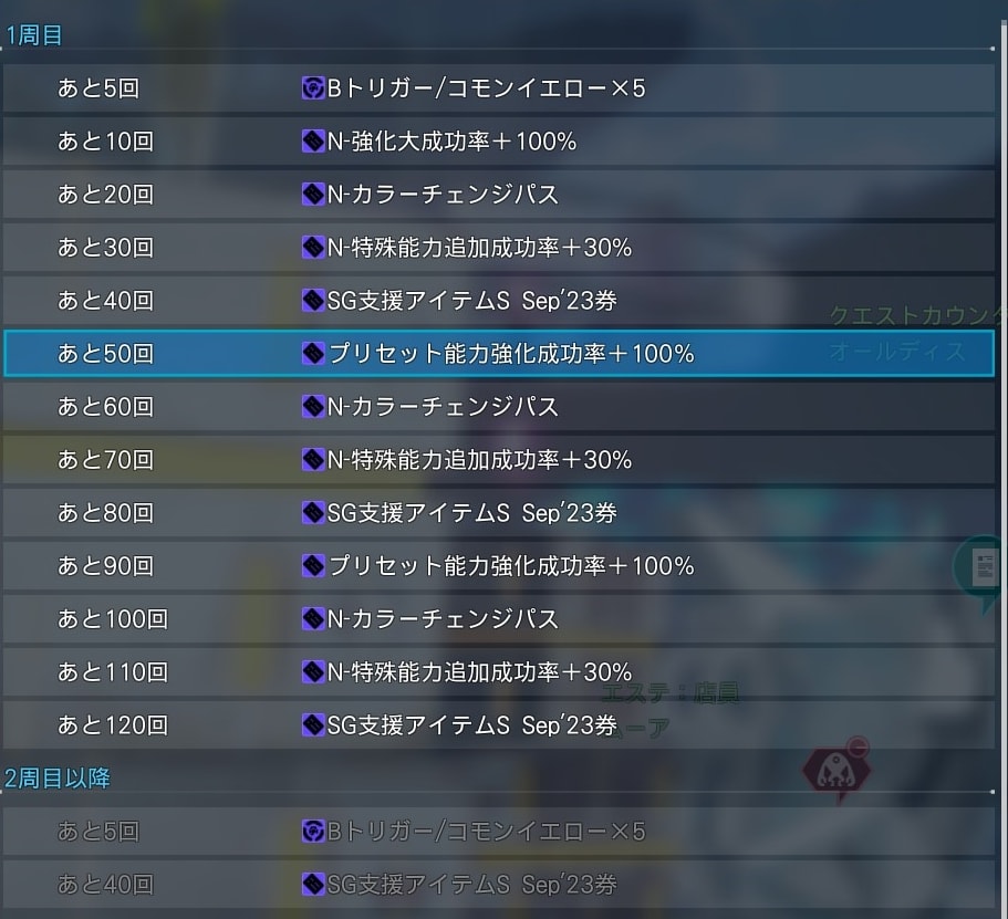 PSO2NGS】SGスクラッチ「SG支援アイテムセレクトSep'23」一覧