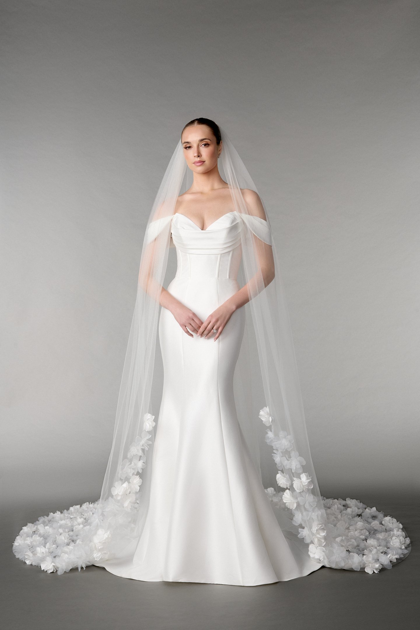 TG1087L120: Cathedral Length Tulle Veil with Organza 3D Florals