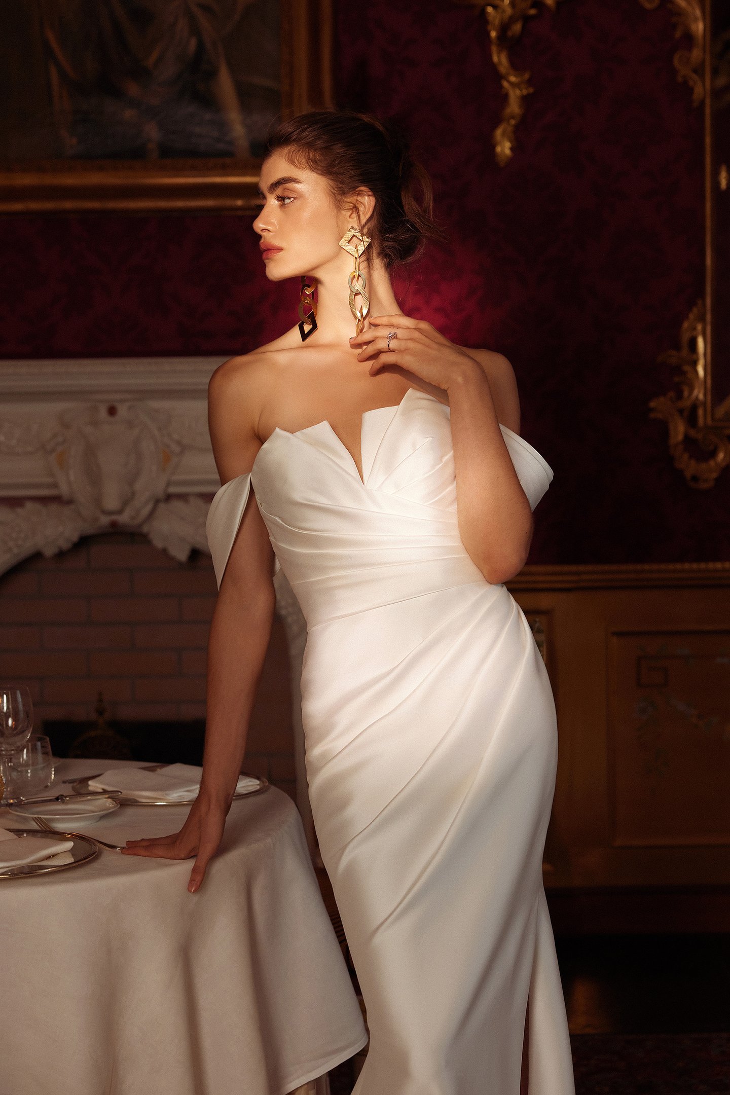 Indigo: Notch Neckline Stretch Mikado Fit and Flare Gown with