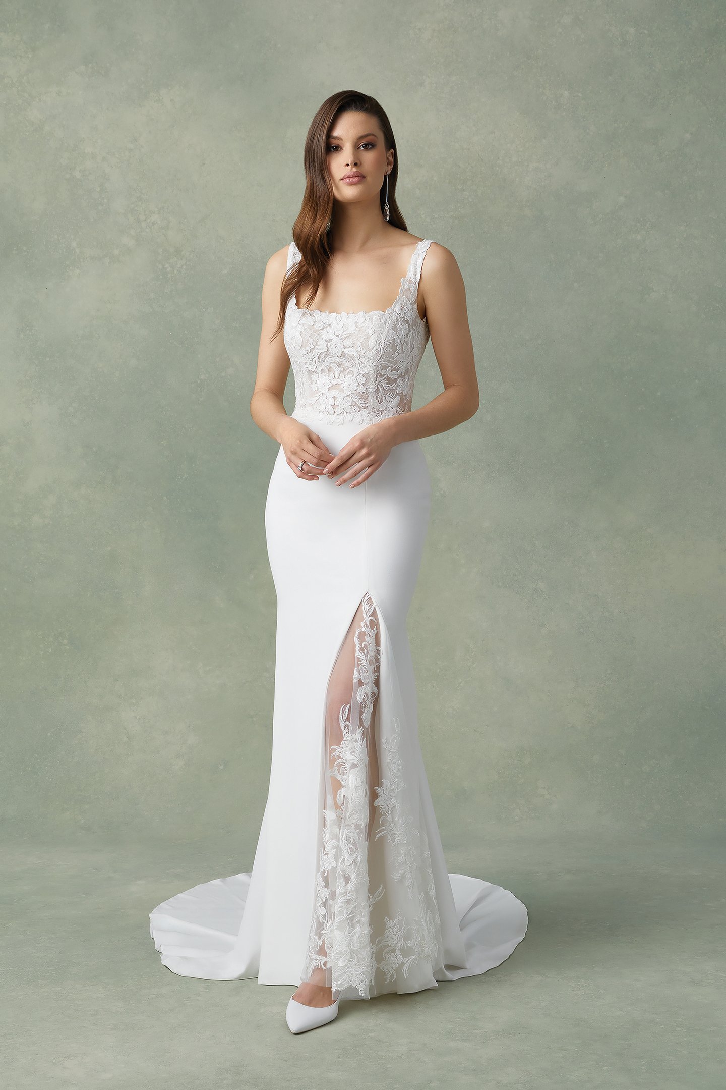 Florien: Lace and Crepe Fit and Flare Dress with Square Neckline