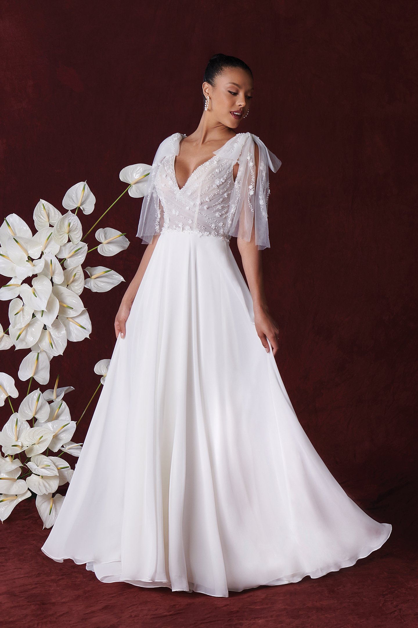 Hailey: Chiffon A-Line Gown with Pleated Tulle Embroidered Bodice